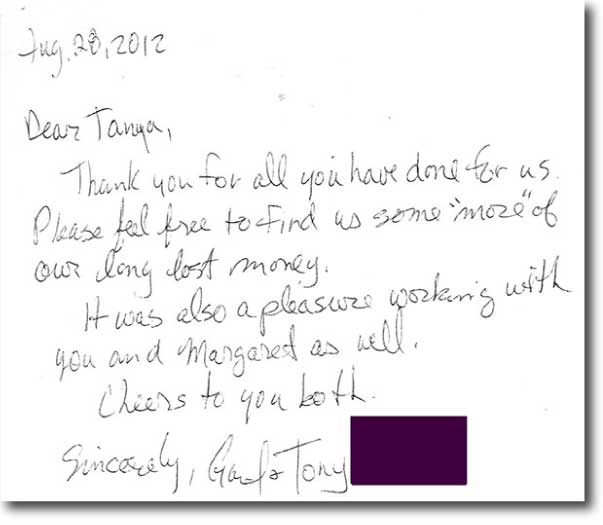 Scanned client thank-you letter