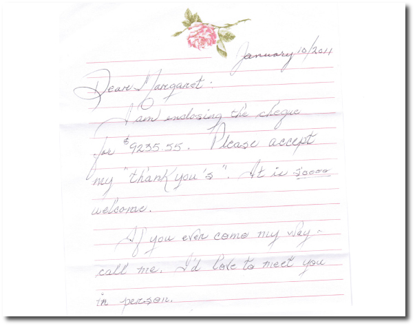 Scanned client thank-you letter