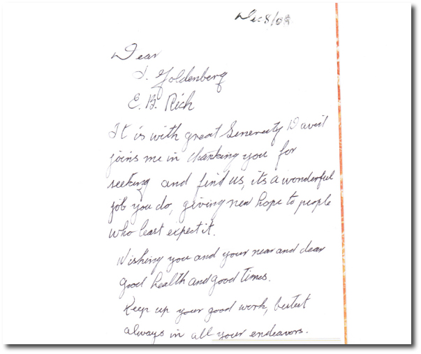 Scanned client thank-you letter