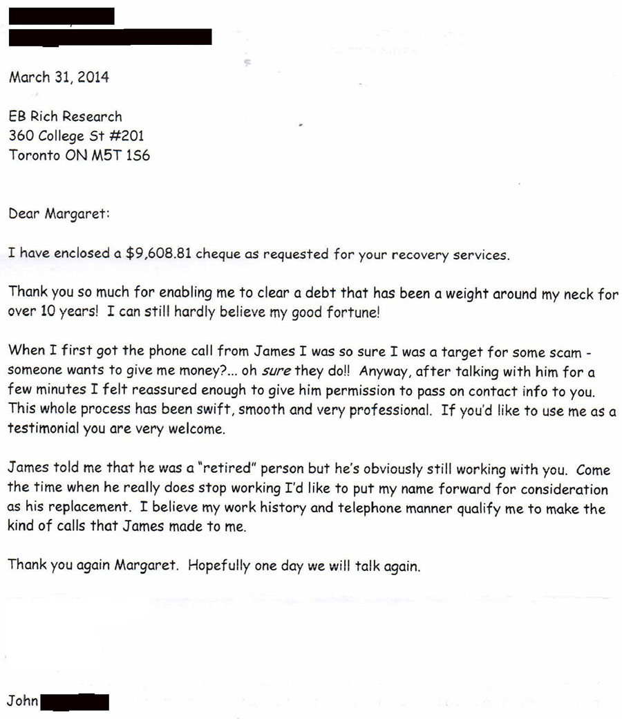 Scanned client thank-you letter