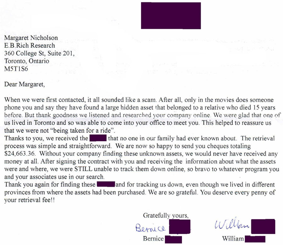 Scanned client thank-you letter