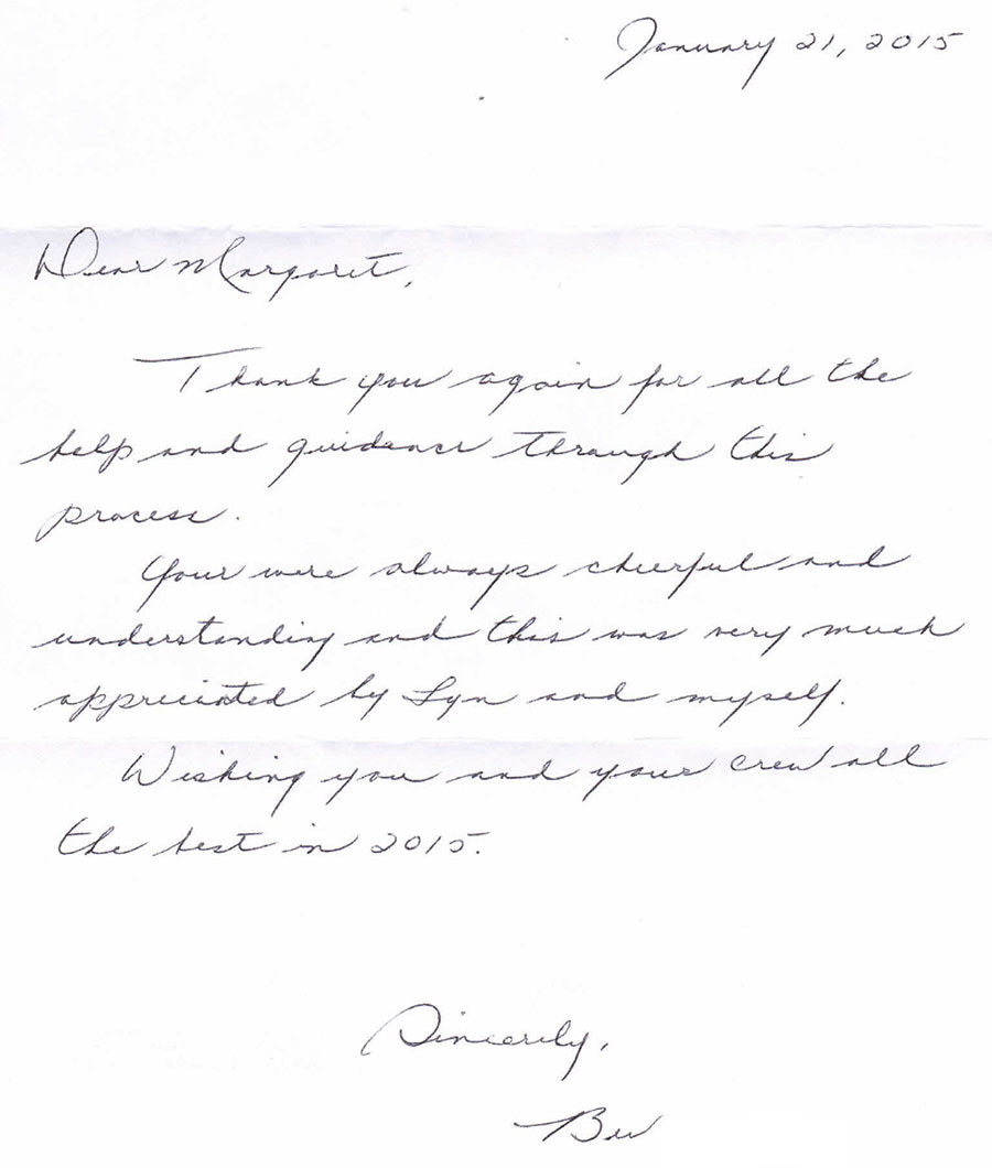 Scanned client thank-you letter