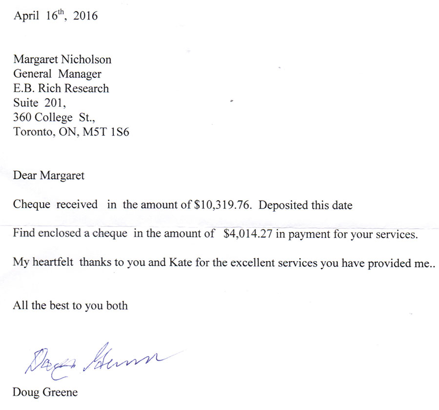 Scanned client thank-you letter