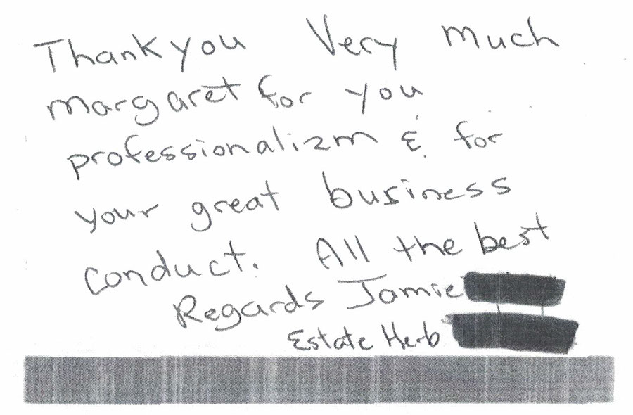 Scanned client thank-you letter
