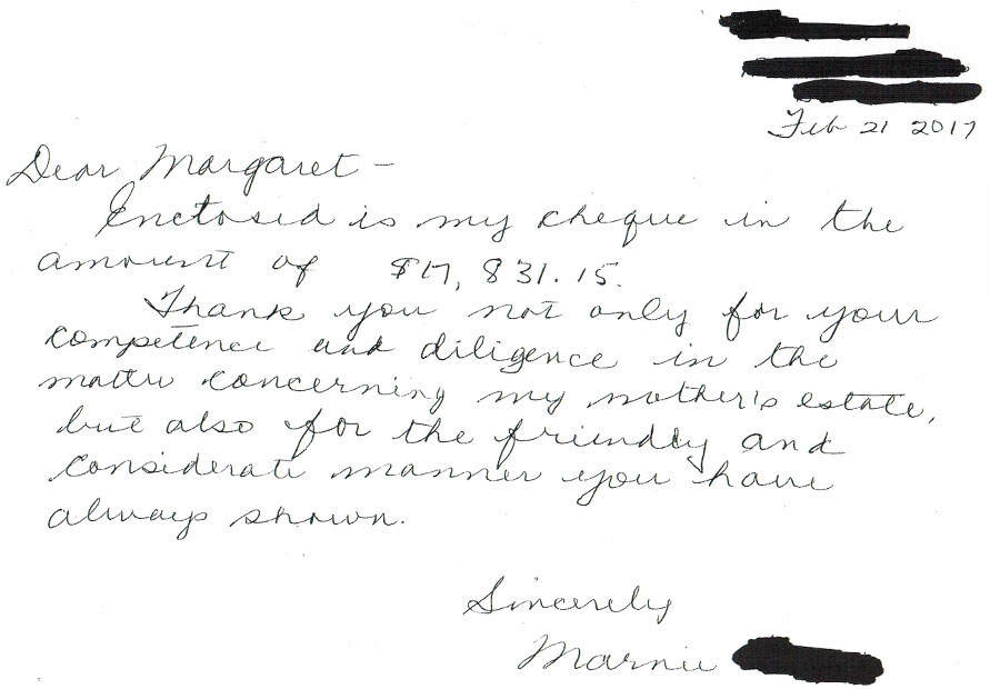 Scanned client thank-you letter