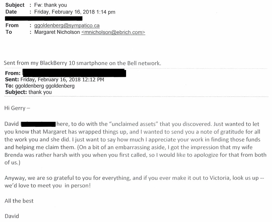 Scanned client thank-you letter