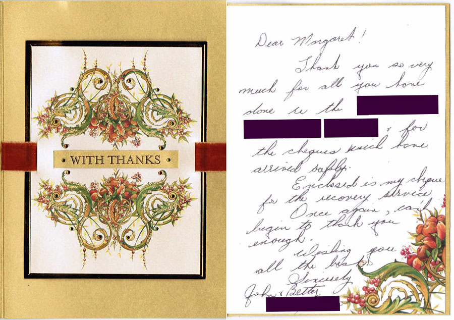 Scanned client thank-you letter