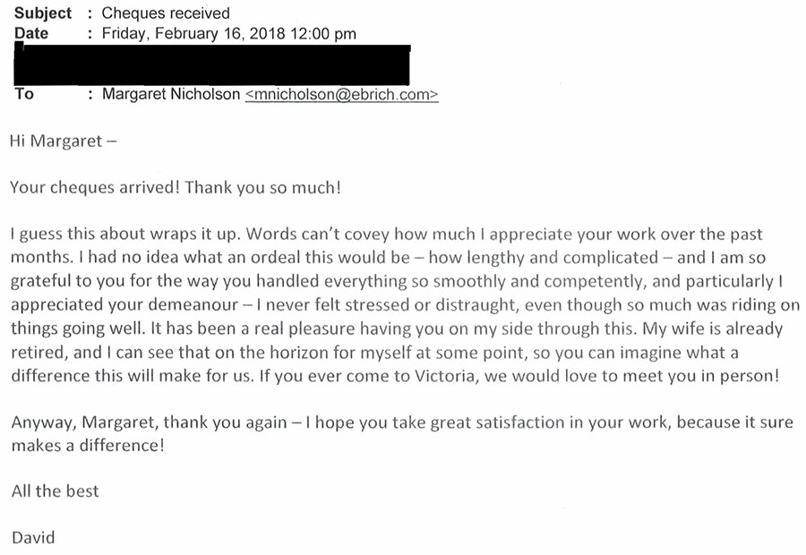 Scanned client thank-you letter